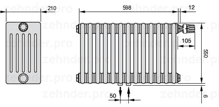 Схема (чертеж) Радиатор Zehnder Charleston 6055/13 №V008 Белый глянцевый RAL 9016